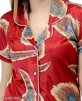 Red satin pankh printed nightwear set for women, stylish pyjama suit with short sleeves and regular fit. Made of soft fabric, suitable for machine wash